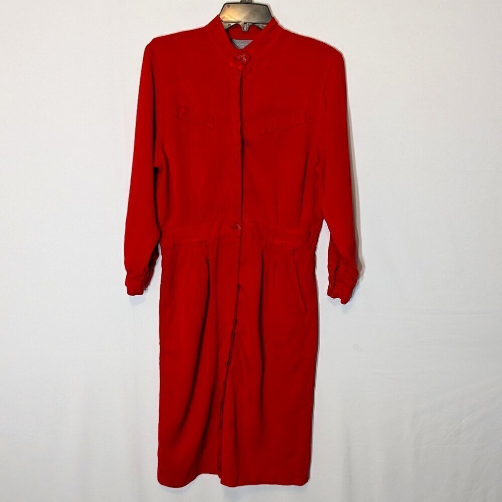 CAROL ANDERSON, Vintage Red Knee Length Long Sleeve Shirt Dress; Size 12P